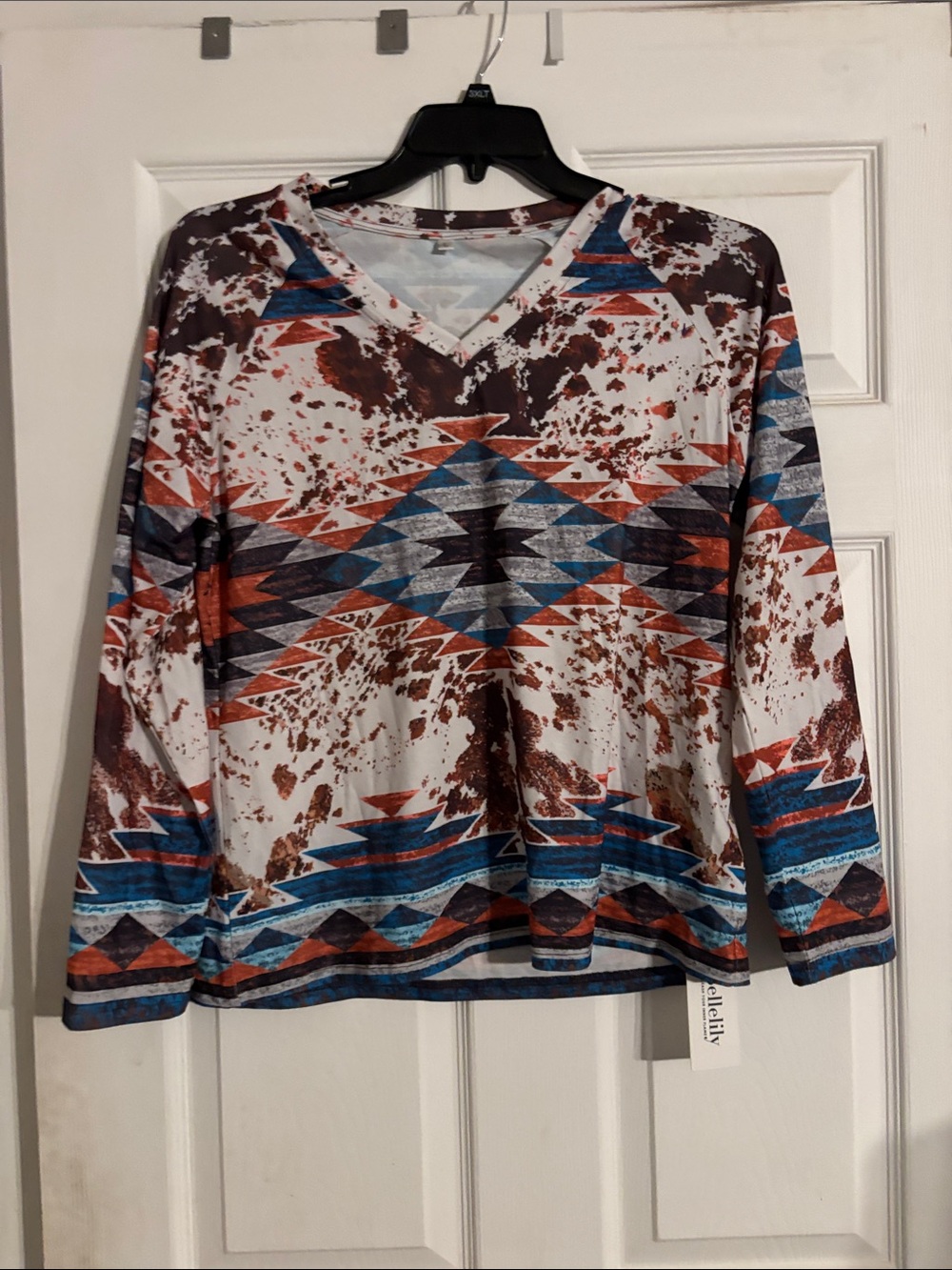 Rocawear Aztec Print Long Sleeve Tee in White, Blue, Rust